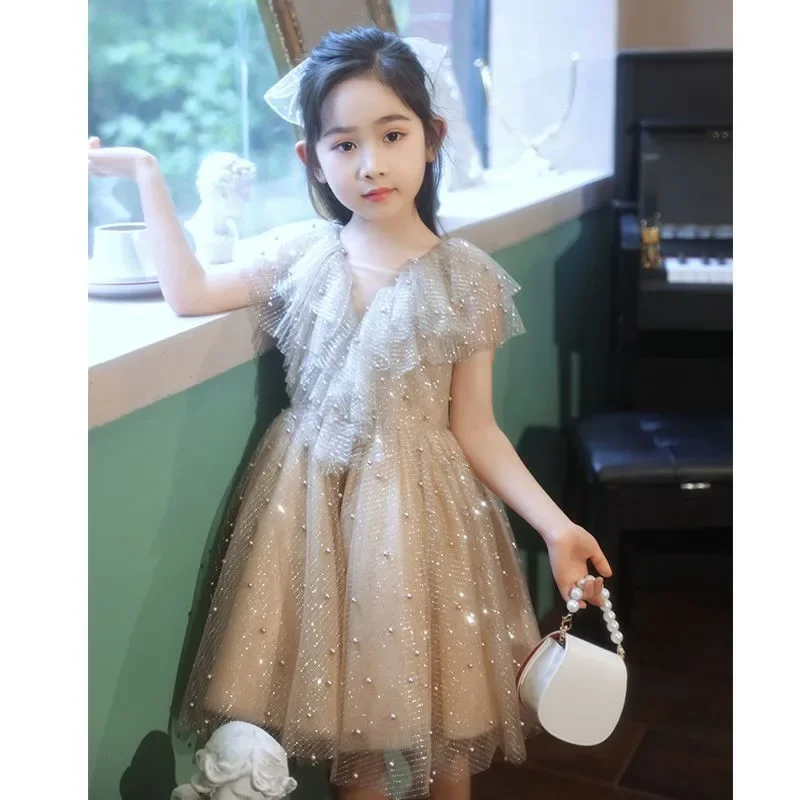 

Princess Tulle Shining Pearls Kids Wedding Dress for Flower Girl Outfit Ball Gowns Teenagers Formal Show Party Pageant Clothes