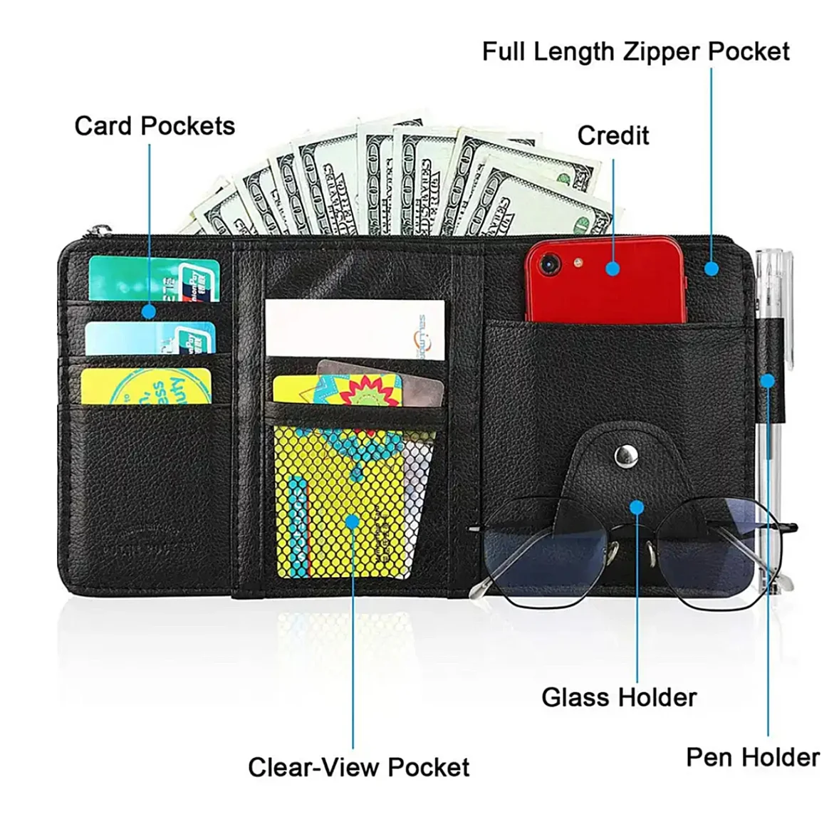 Dream Car HomeHigh Quality Car Sun Visor Organizer Pu Leather Car Visor Hanging Pocket Pouch Glasses Clip Card Pen Holder Multi