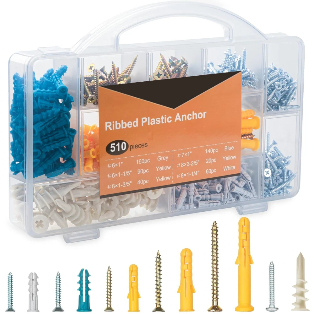 

270/510pcs Expansion Rubber Plug Pipe Screw Set Expansion Rubber Plug with Screws Drywall Anchors Carbon Steel Screws Combo Pack