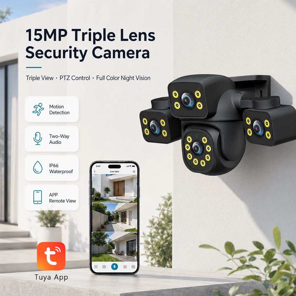 

Tuya Triple View Outdoor PTZ Camera 15MP HD Security Camera Three Lens CCTV Monitor Two Way Audio Motion Detection Alert TF Card