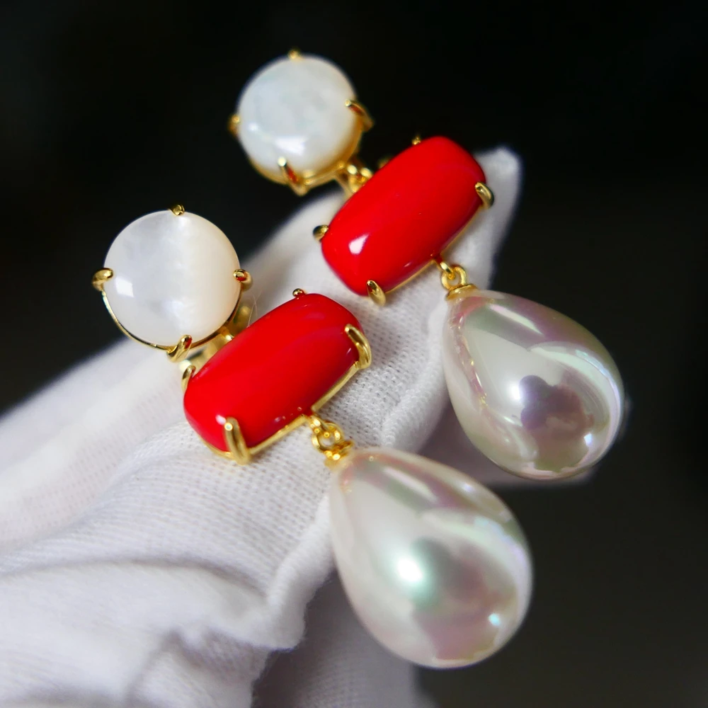 

KQDANCE Women Red Turquoise Stone White Tear Drop Pearl Long Drop Earrings with 925 Silver Needle Gold Plated Jewelry 2024