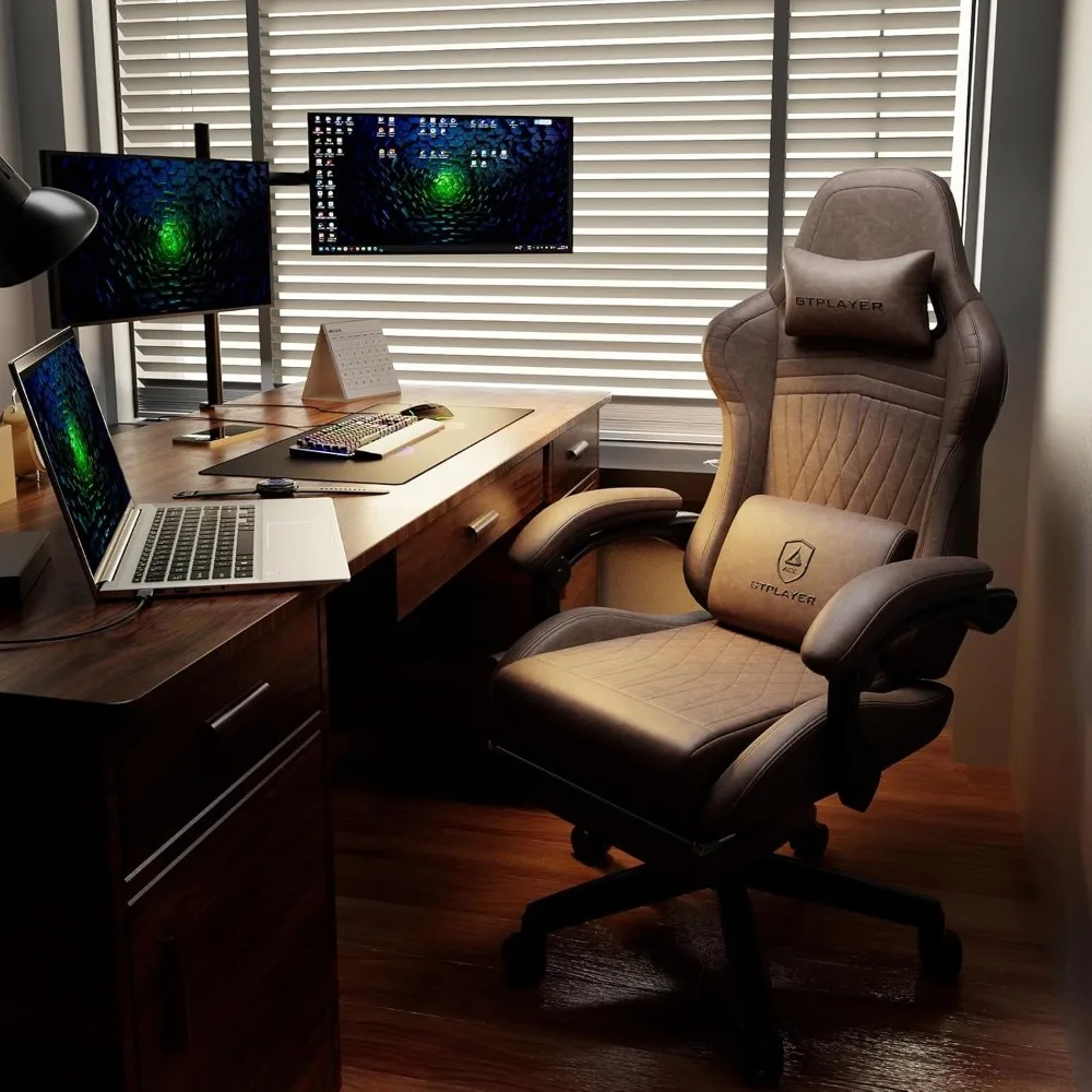 Gaming Chair with Speakers, Bluetooth, Footrest, Ergonomic Reclining for Adults, Light Brown