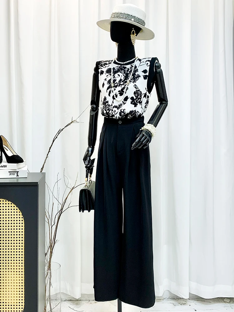 

Корейский комплект Pinno: топ с цветочным принтом и брюки с высокой талией и широкими штанинами для женщин, лето 2024