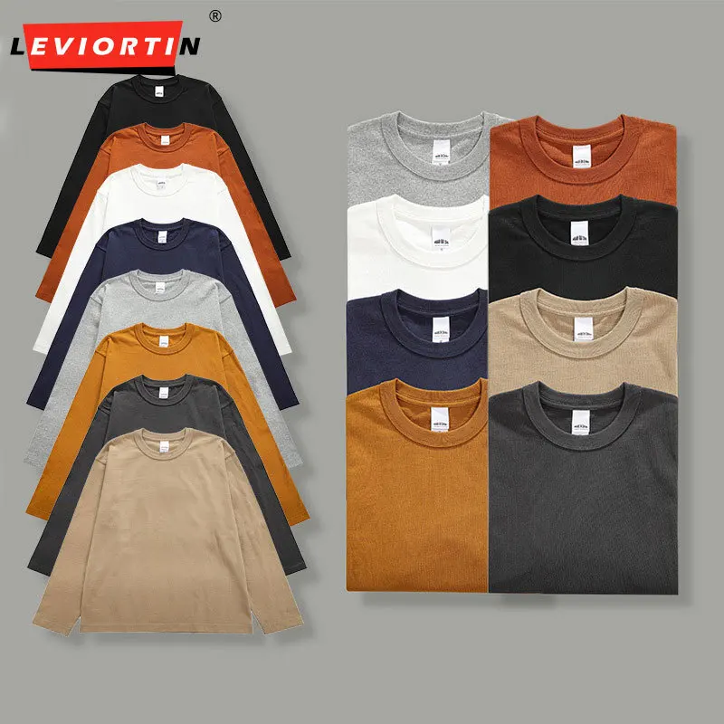 

Autumn 300gsm Heavyweight round neck T-shirts Man American Style Solid Color Pure Cotton Men's Long Sleeve T-Shirt Base Shirt