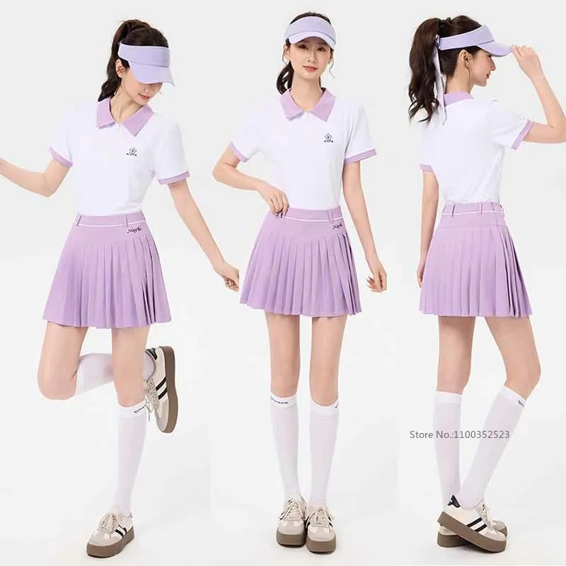 niefle-夏ゴルフ女性ポロシャツ半袖ラペル-tシャツ速乾トップスレディーステニスプリーツスカートハイウエストスコート-s-xl