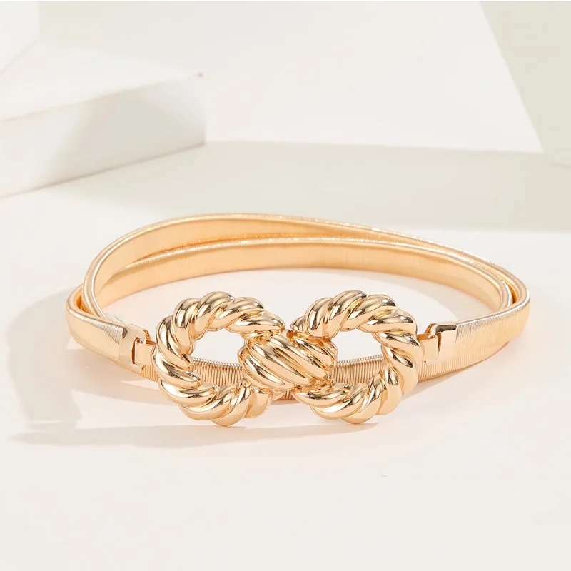 أحزمة سلسلة مطاطية ذهبية معدنية للسيدات، نمط كلاسيكي قابل للسحب، إبزيم دائري، إكسسوارات فستان سلسلة الخصر الأنيقة