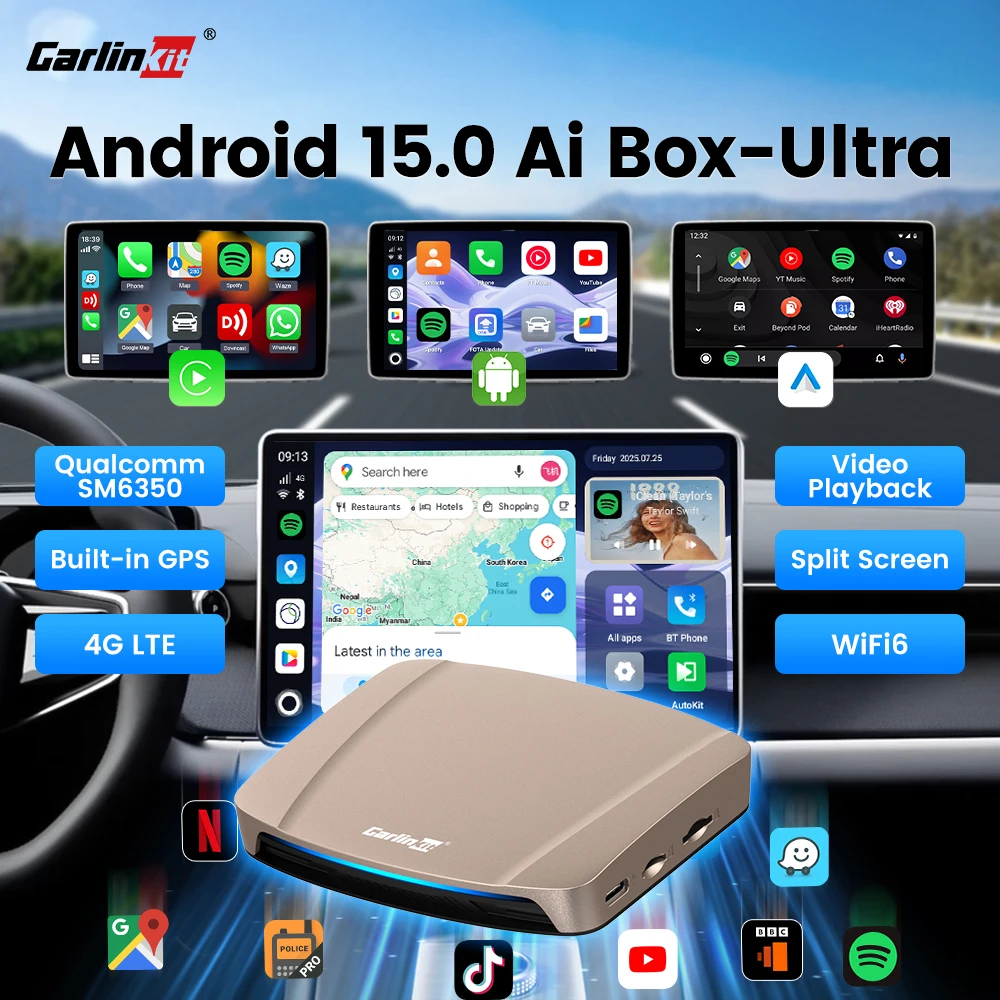 2026 CarlinKit Ultra Android 15 TV Box SM6350 Adaptador Sem Fio CarPlay Android Auto 5G 4G LTE GPS 8G+128G Para Youtube Netflix