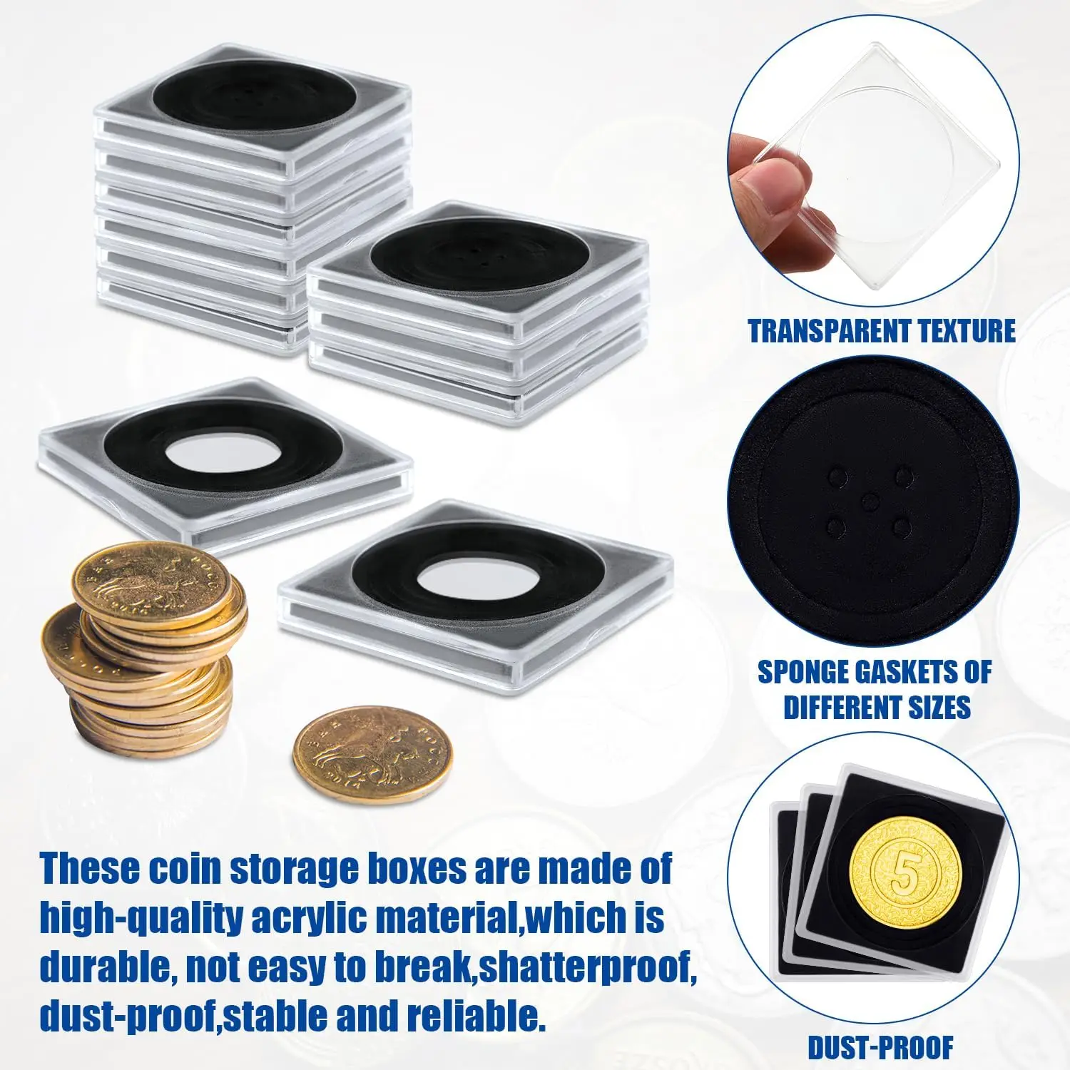 20Pcs Adjustable Acrylic Coin Collection Cases with Sponges Coin Snap Holder Silver Dollar Protection Cases Collection Supplies