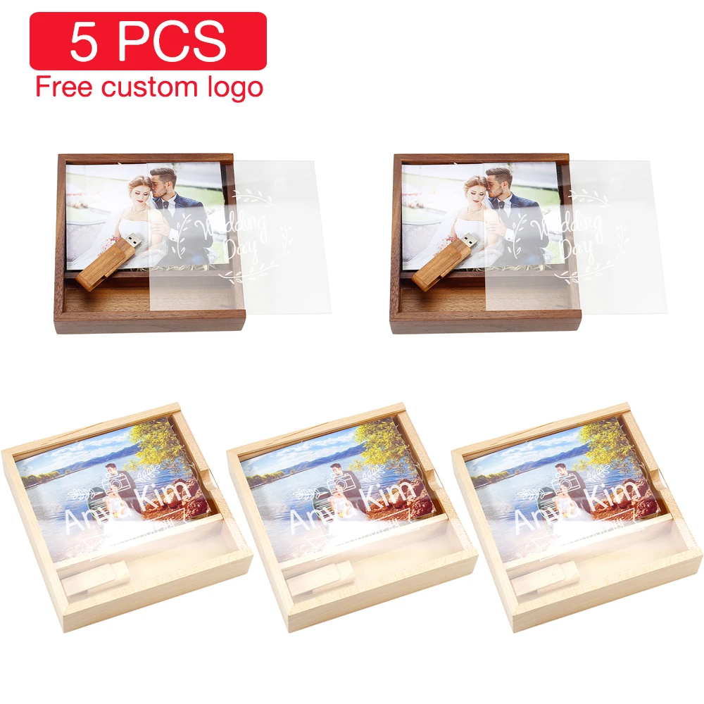 

5 Pieces Lot USB Flash Drive 128GB Free Custom Logo Pen Drive 64GB Wooden Album Box Memory Stick Creative Wedding Gift Pendrive
