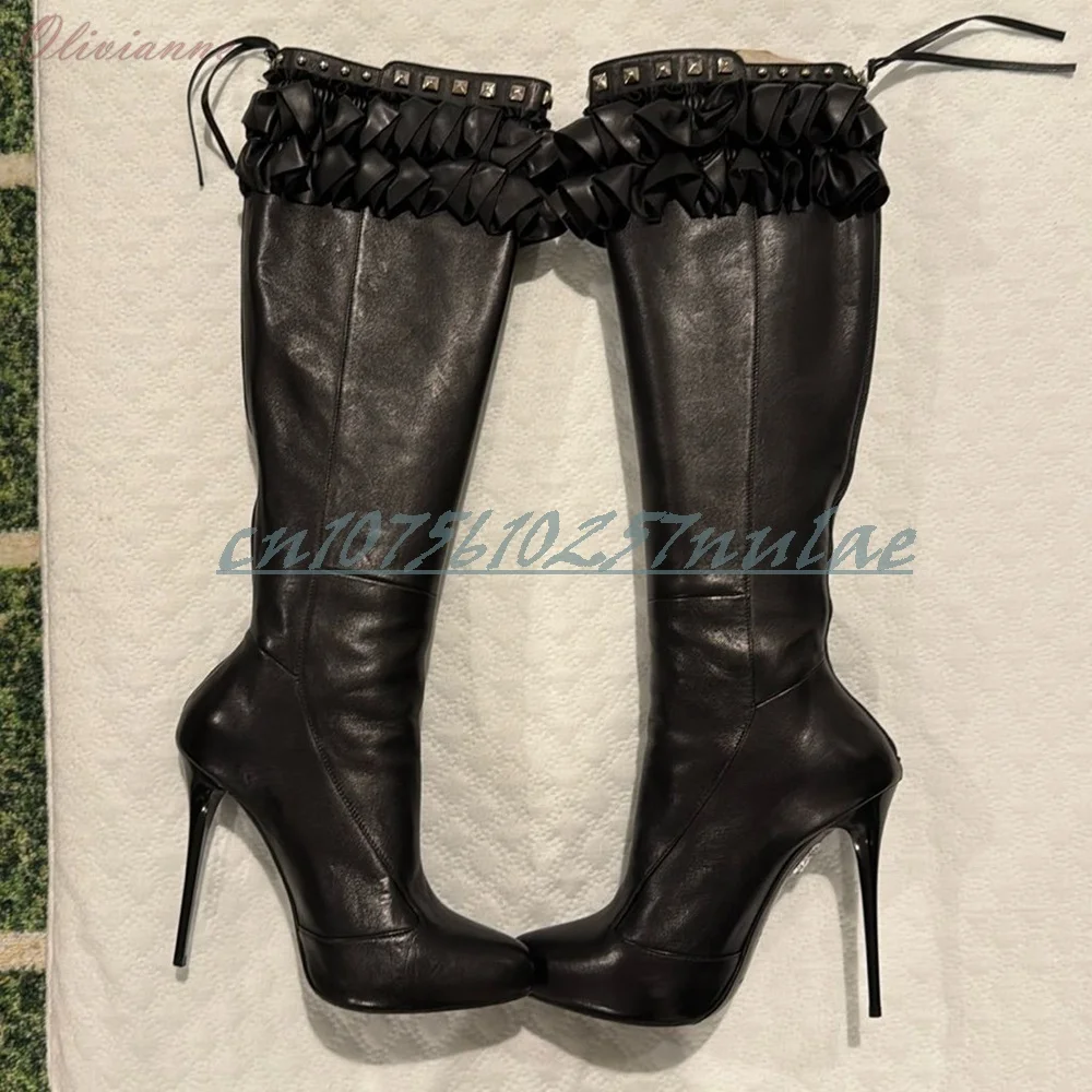 Botas de media pantorrilla con remaches de encaje y flores de seda, zapatos sexis de tacón alto de aguja mate negro puntiagudo Para Mujer, novedad de 2025, fiesta