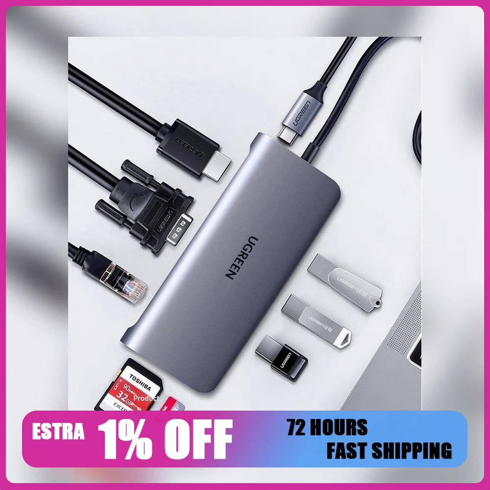 UGREEN 70490 USB C Hub 9 in 1 with 4K HDMI VGA Gigabit Ethernet USB 3.0 SD TF PD Type C Docking Station