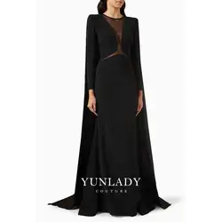 YUNLAN Black Chiffon Long Sleeve Shawl Evening Gown Luxury Dubai Formal Wear 2024 Special Occasion Party Crepe Blouse Gown