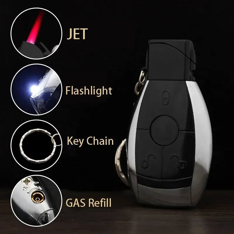 Creative Car Key Lighter with Keychain Refillable Butane Gas Igniter Windproof Red Flame Cigarette Lighter Smoking Accessories