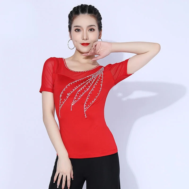 Latin Dance Shirt Long Sleeve Mesh Sexy Dance Tops For Women Solid Color Diamond Polished Lace O-neck Latin Ballroom Dancewear