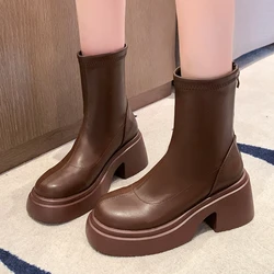 Ladies Shoes on Sale High Quality Zipper Women's Boots Autumn Round Toe Solid Short Barrel Platform Chunky Heels Fashion Boots