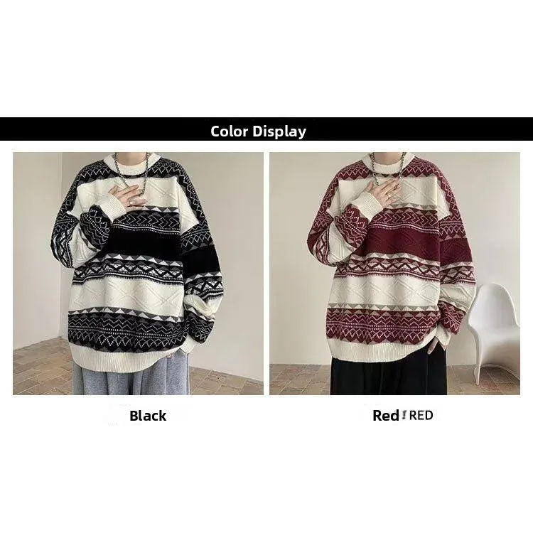 

New Autumn Winter Men's Knitted Sweater Loose Fit Striped Patchwork Design Casual Sle Long Sve round Ne Warmth Outerwear