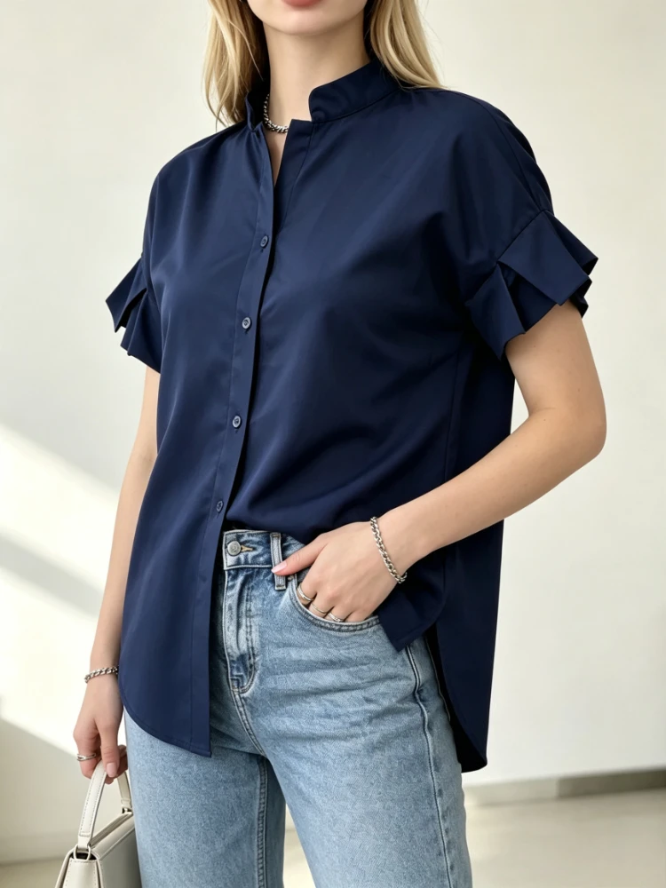 Summer Women Navy Blue Solid Stand Collar Short Sleeve Blouse Button Detail Elegant Simple Casual Daily Tee Top