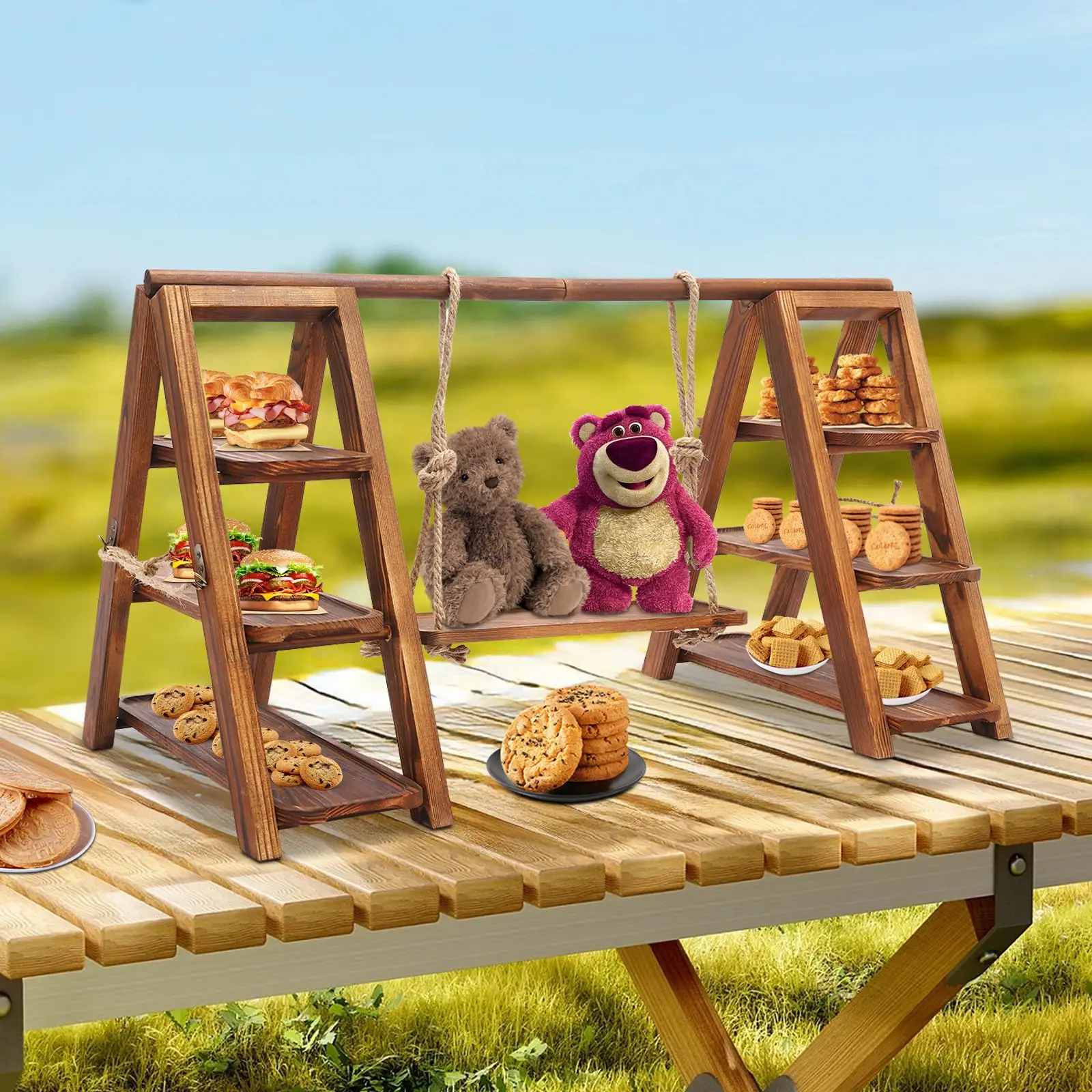 3 طبقات صينية تقديم مجموعة صينية تقديم خشبية مجموعة عرض طاولة الصحراء كعكة سوينغ حامل عرض خشبي للحلويات كب كيك ،