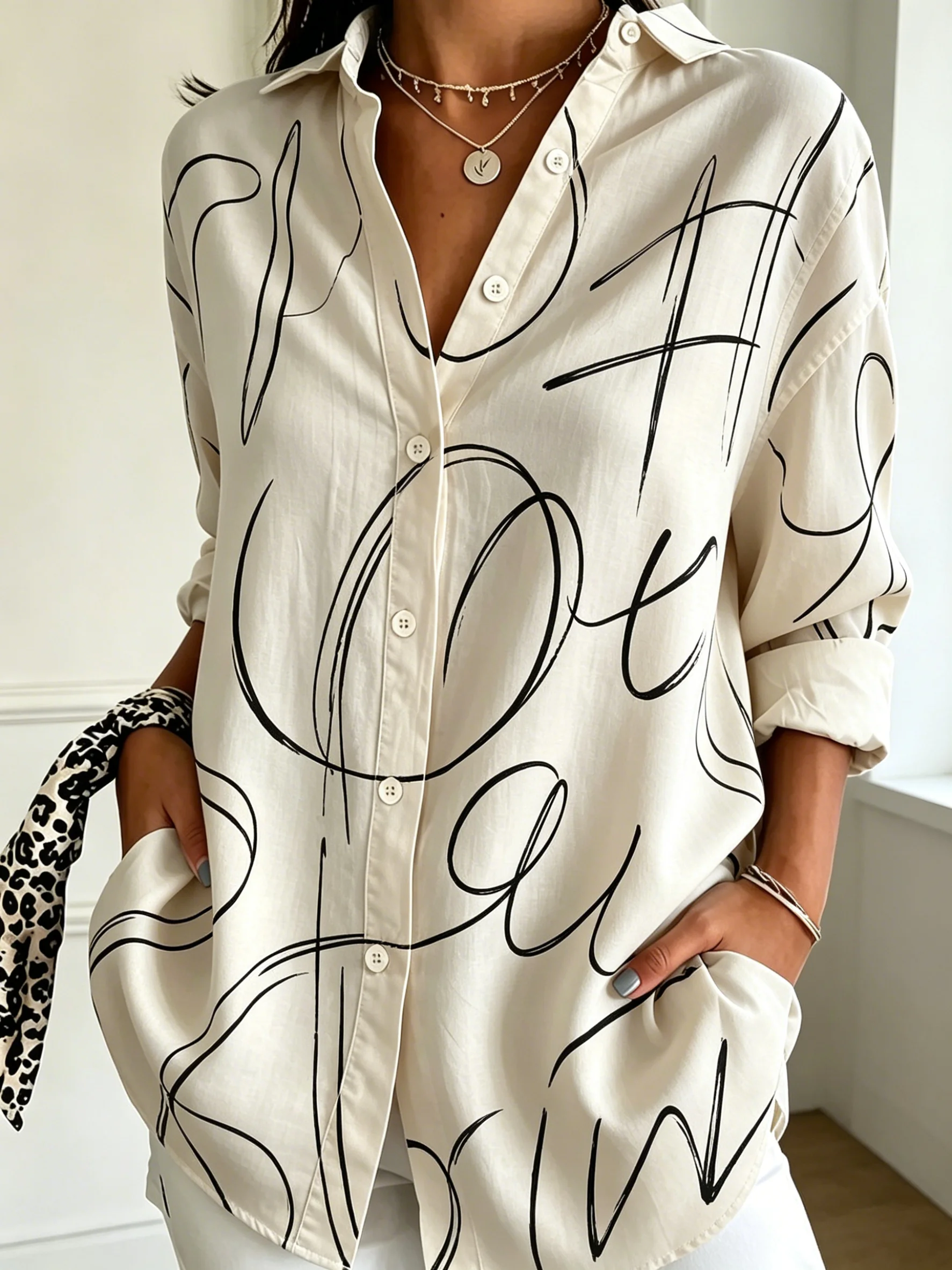 Women's Lapel Long Sleeve Green Abstract Line Print Button-Up Shirt, Casual Stylish Tops for Spring Summer Daily & Street Wear