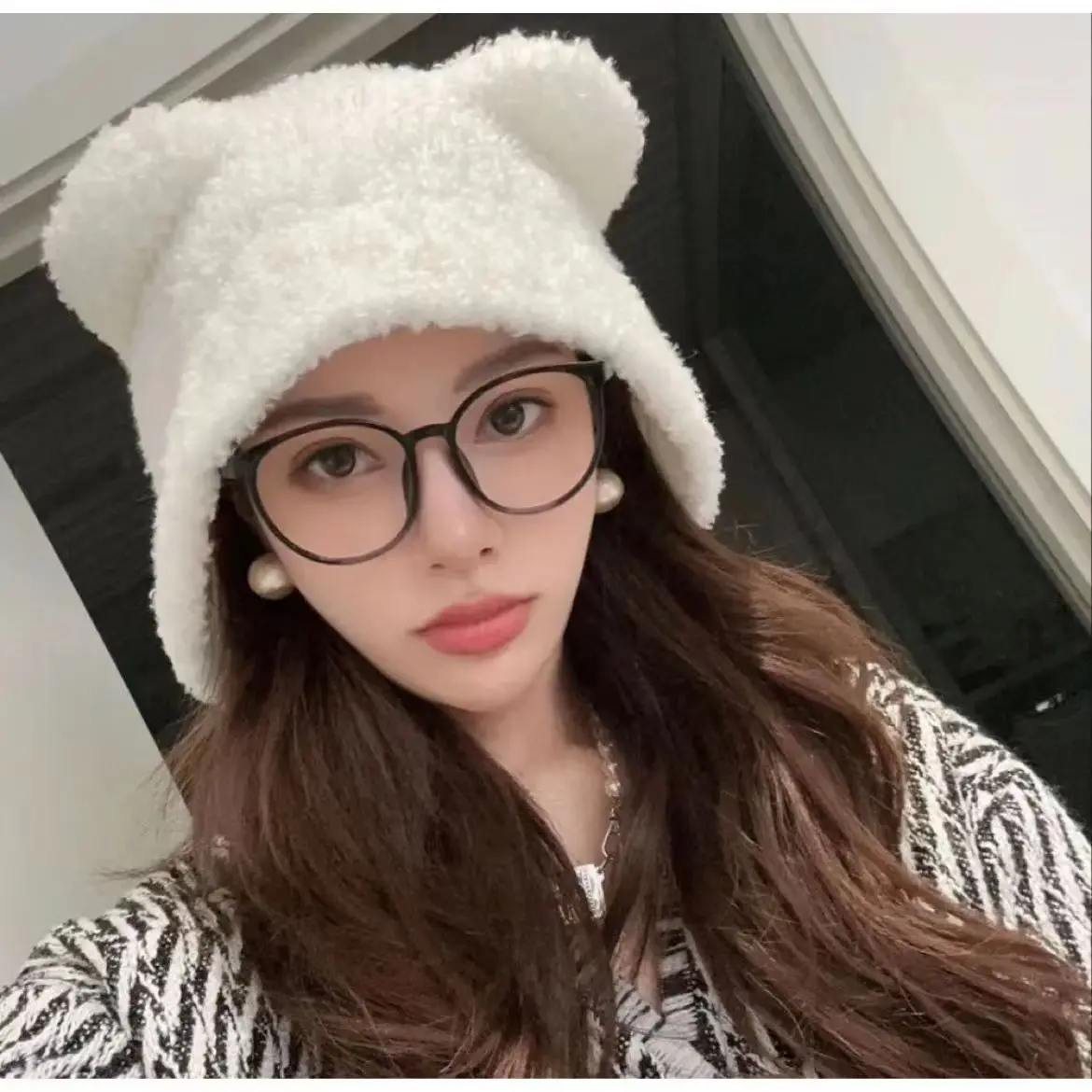 

Korean Sweet Cute Bear Plush Beanie Hat Women Autumn and Winter Warm Versatile Lace-up Ear Protection Knitted Bomber Cap Mujer