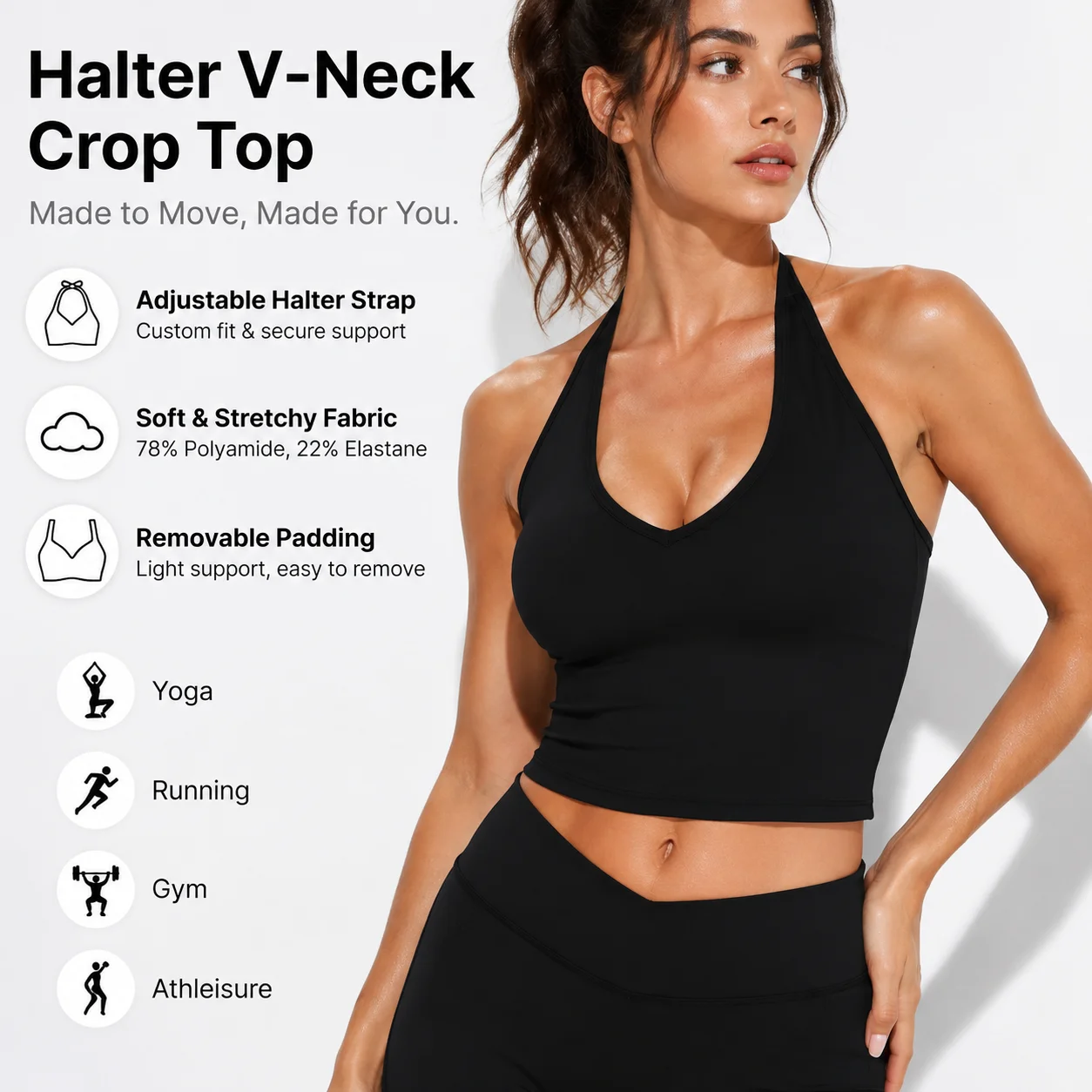 Women's Halter Neck V-Neck Crop Top Adjustable Spaghetti Strap Brushed Nylon Workout Tank Top with Removable Pads S-XL