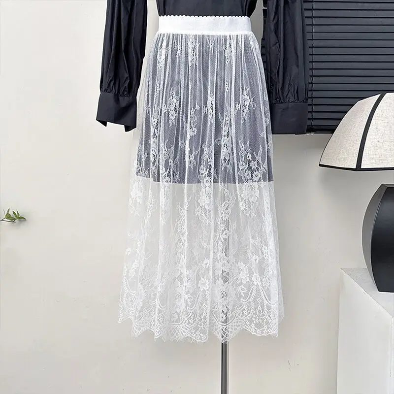 EWQ Hollow Out Hook Flower Design Solid Color All-match Skirt High Waiste Thin Single-layer Lace Skirts 2025 Spring Tide 27X2306