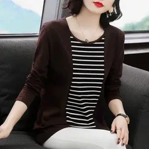 Koreon Vintage Women Big Size Midi Striped T-shirt Spring Autumn Long Sleeves Basic Tees Versatile Loose Casual Bottoming Tops