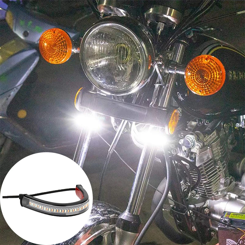 2Pcs 12V LED Ring Fork Strip Lamp Flashing Blinker Motorcycle Turn Signal Light & DRL Amber White Moto Flasher Auto Accessories