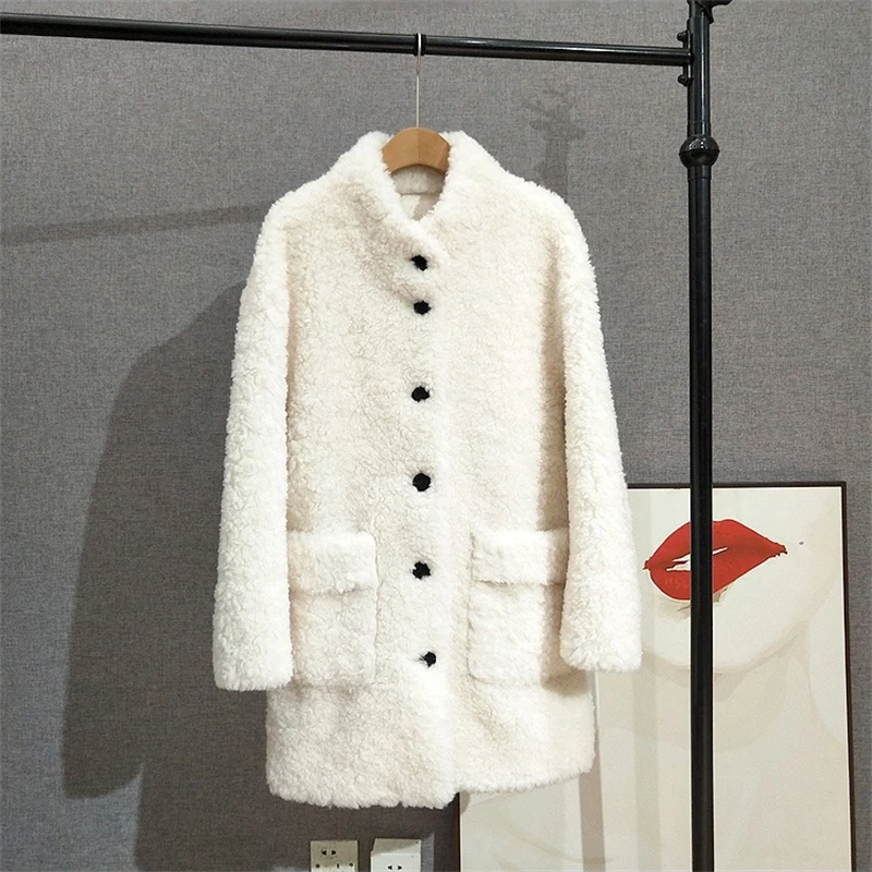 หลวมผู้หญิงขนสัตว์บริสุทธิ์ขนสัตว์ Overcoat Lady ความยาวกลางแกะ Shearling แจ็คเก็ต Stand-up COLLAR JT504