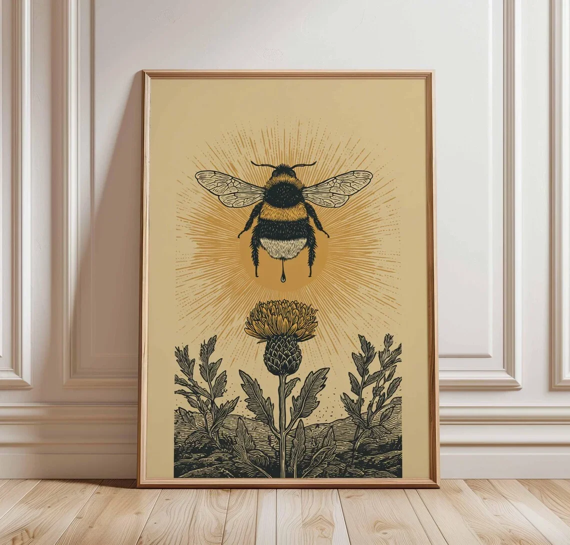 Celestial Bee Art Print, Vintage Poster, Cottagecore Decor, Honeybee Wall Art, Boho Home Decor, Rustic Botanical Print, Retro Na