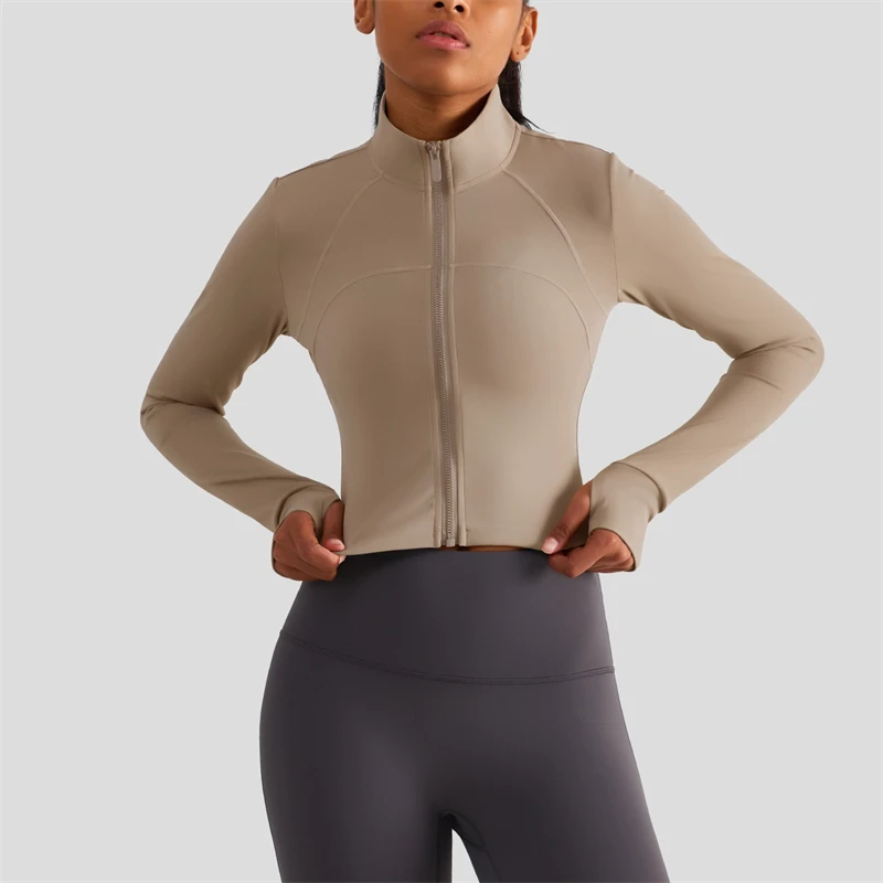 

Women Sports Jacket Running Workout Crop Tops Stand Collar Fitness Yoga Coat Long Sleeves Full Zip Gym Jackets With Thumb Jack