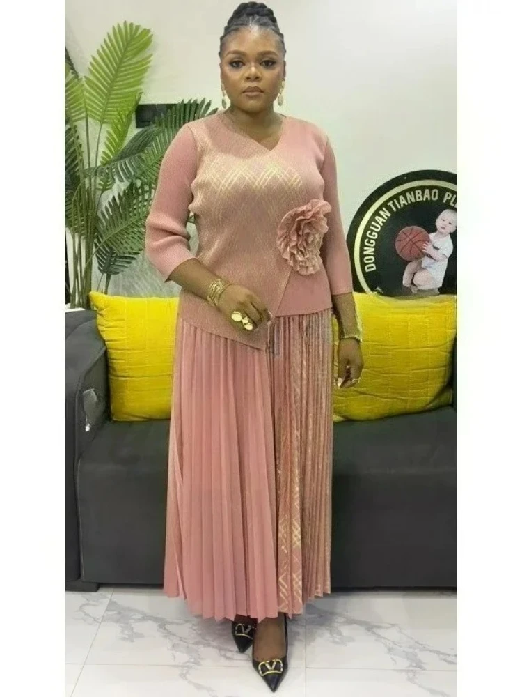 

2025 Summer New Pleated A-line Dress Elegant Suit Collar Mid To Long Style Waist Cinching Slimming Women Folds Skirt