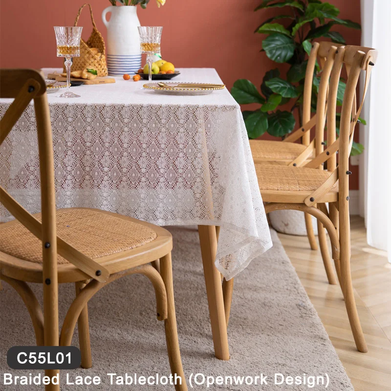 

French Countryside Lace Tablecloth Cotton Hollow-out Photo Diamond Check Six-petal Flower Coffee Table Cloth Dining Table Cover
