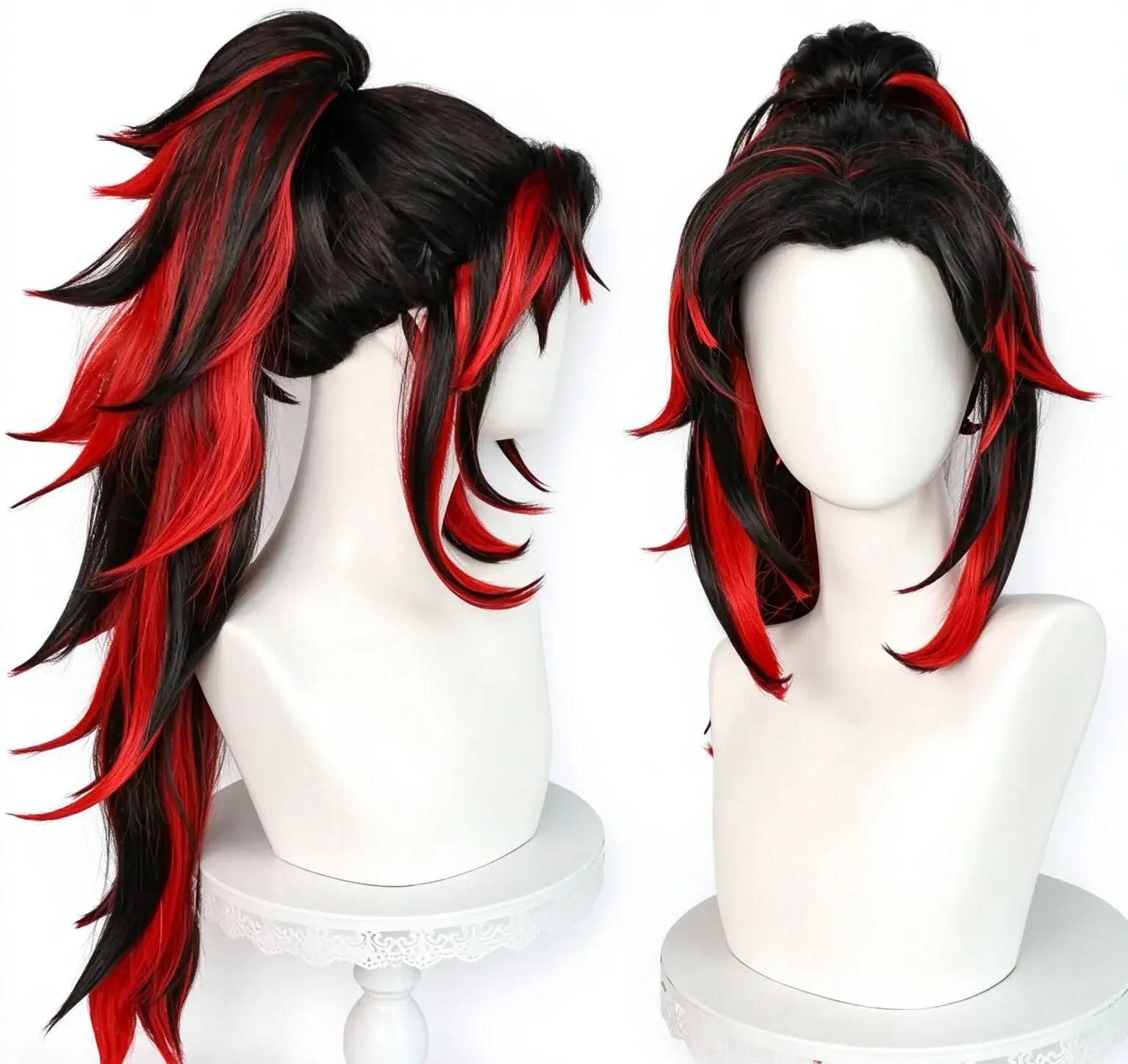 Black and red gradient high ponytail wig, synthetic heat-resistant wig for Halloween carnival party role-playing, with wig cap