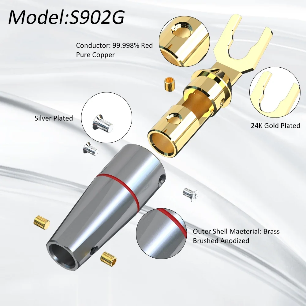 Monosaudio Pure Copper Rhodium/Gold Plated Spade Connector DIY Speaker Cable