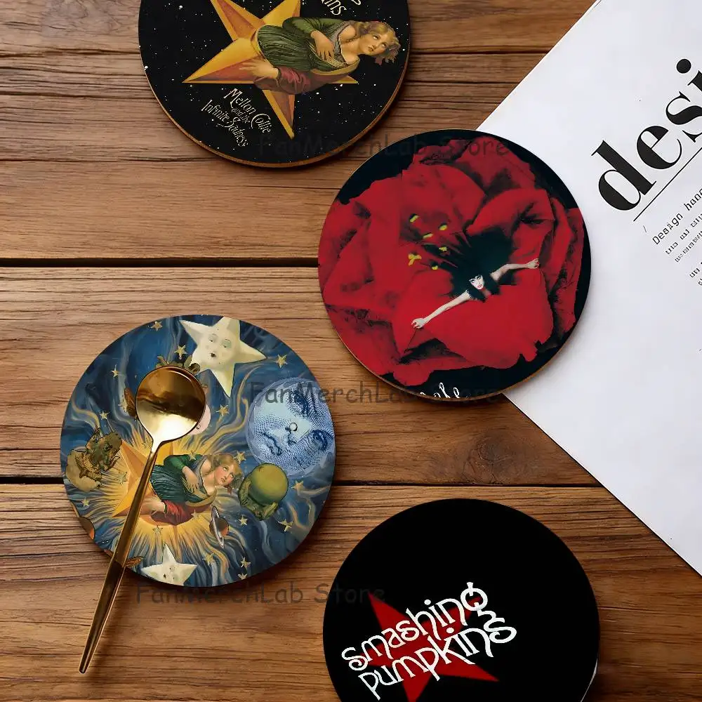 

S-Smashing Pumpkins Band 2D Pattern round Wooden Coaster Decorative Coffee Cup for Use in Coffee Shops Bars Wine Beer