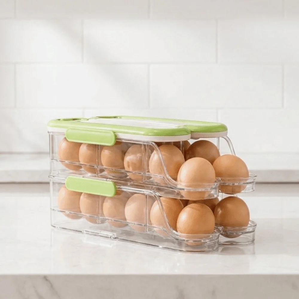 Food Grade Automatic Rolling Egg Container Transparent Large Capacity Egg Storage Box Space Saving with Lid Large Egg Holder