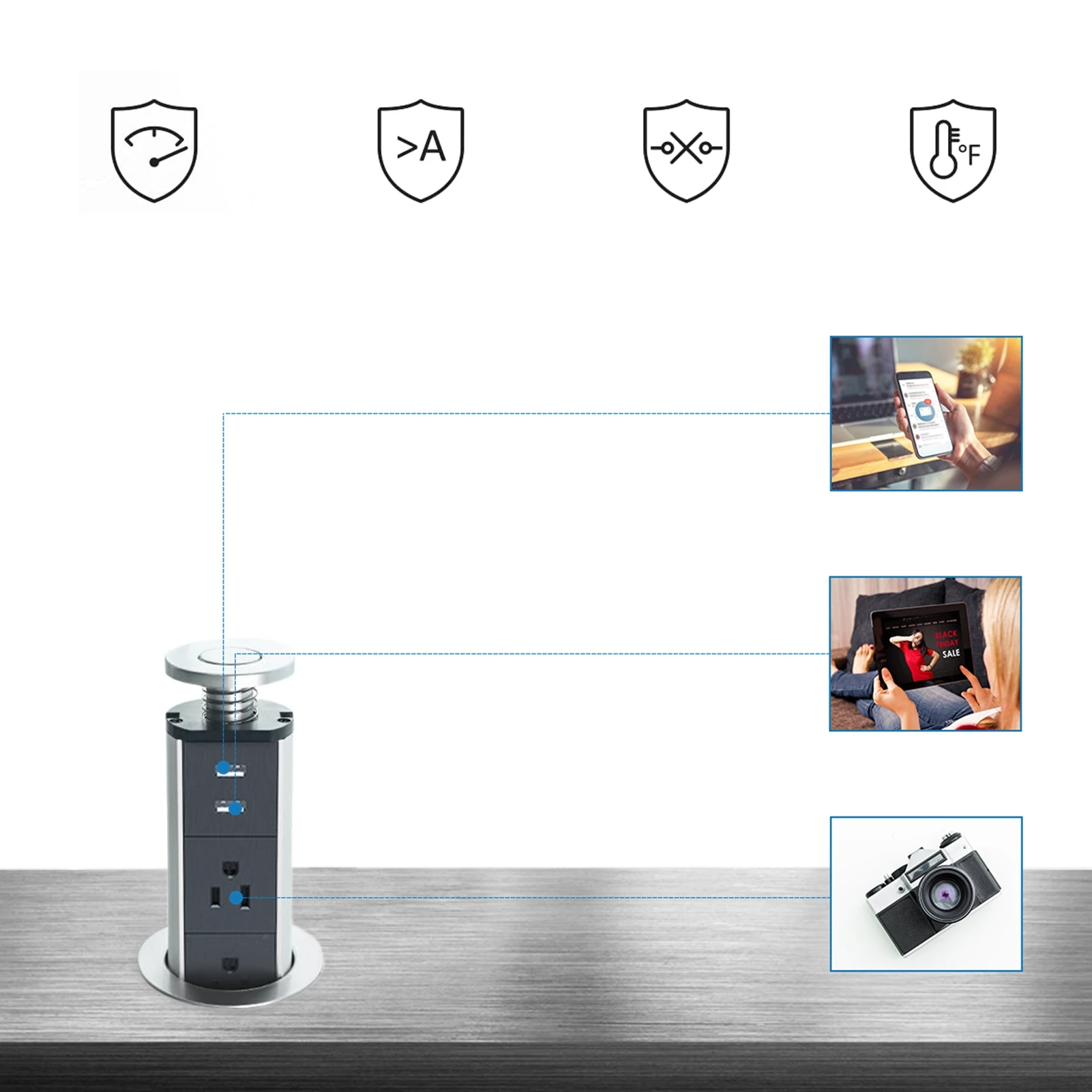 

Electrical Power Outlet Home Kitchen Worktop Desk Pull PopUp Socket with USB Port Electrical PopUp Socket PopUp Outlet