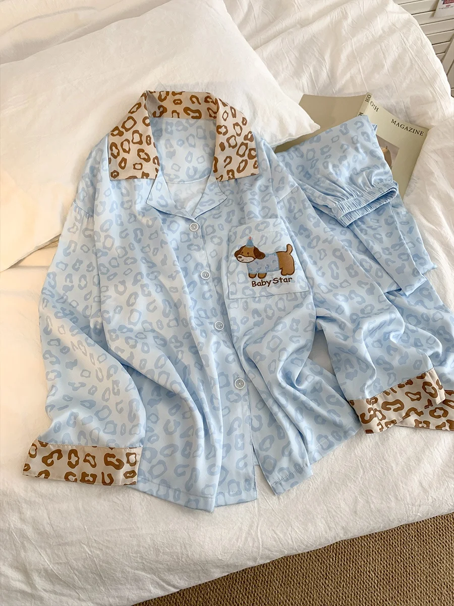 

Retro Leopard Print Ice Silk Sleepwear Women's Style Ultra Soft Home Clothes Spring New Arrival Comfortable Long Sleeve Pajamas