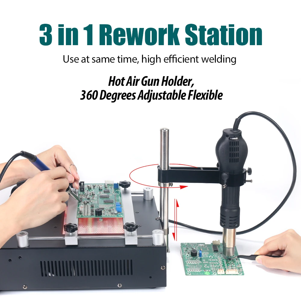 Stasiun Pemanas Ulang YIHUA 853AAA+ 1200W dengan Stasiun Solder BGA SMD dan Penghilang Solder Udara Panas dengan 3 Saluran Preset