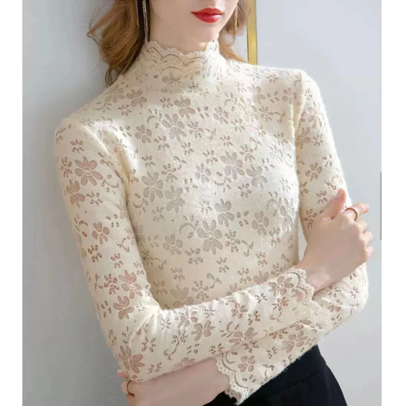 2023 Autumn Winter Women Clothes Sexy Flower Hollow Lace Half High Collar Elegant T Shirt Solid Long Sleeve Slim Warm Basic Tops