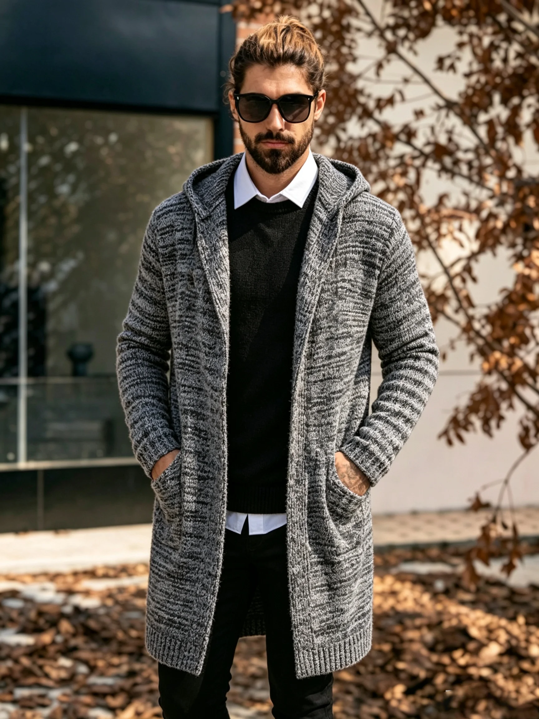Herren Langer Kapuzen-Strickcardigan mit Offener Front, Pullover-Mantel mit Taschen, Lässiger Loser Langarm-Strickpullover für Herbst und Winter – Detail 3