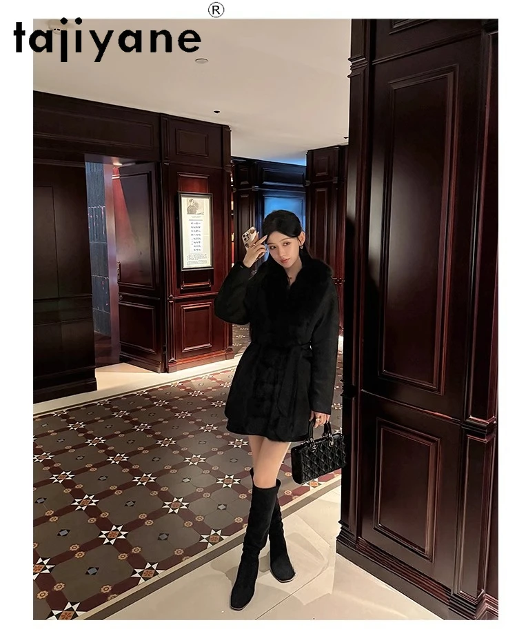 เสื้อโค้ทขนห่านสีขาวสำหรับผู้หญิง TAJIYANE แจ็คเก็ตขนสัตว์หรูหราสำหรับผู้หญิง เสื้อโค้ทหนังกลับอุ่นๆ เสื้อผ้าฤดูหนาวปี 2025 สำหรับผู้หญิง куртка женская