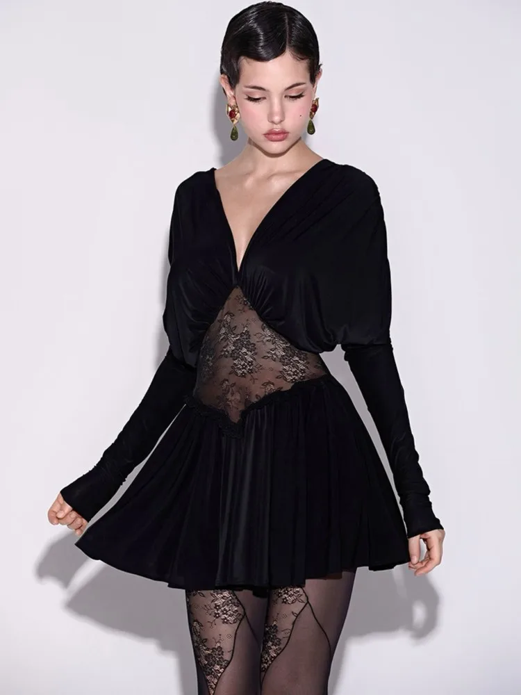 Vestido de encaje de manga larga con perspectiva Sexy para mujer, Mini Vestidos sexis para discoteca, Otoño Invierno 2021, Vestidos negros ajustados elásticos para fiesta