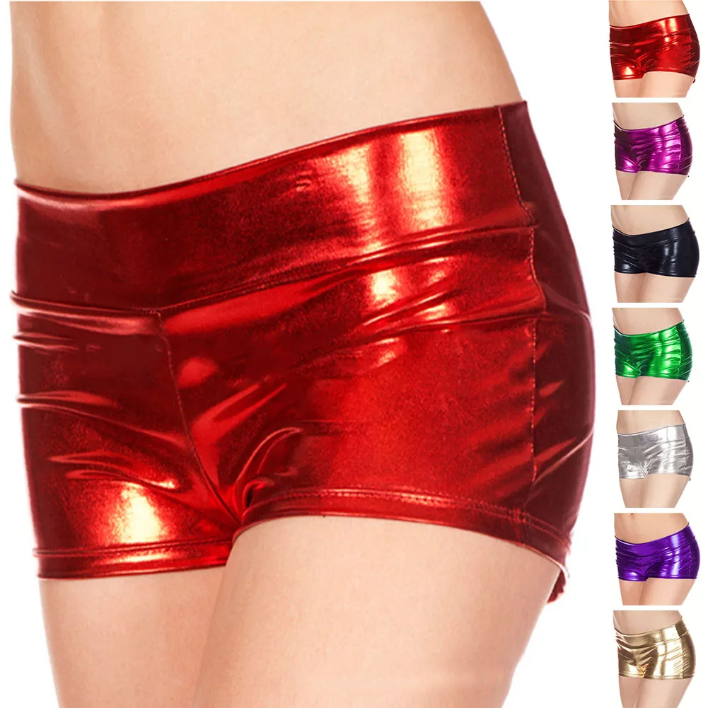 Pantalones cortos a la moda para mujer, aspecto húmedo, piel sintética brillante, cintura baja, pantalones cortos para mujer, ropa de noche para discoteca para trajes de baile en barra Raves