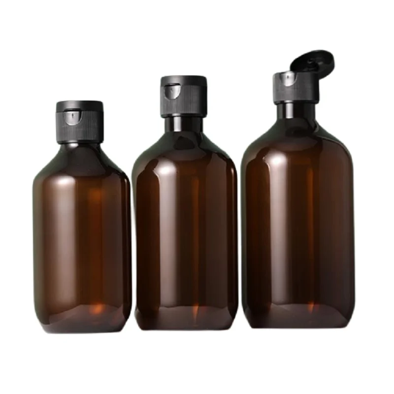 

Empty Plastic Clear Brown Bottle 300ml 400ml 500ml Steipe Black Flip Cover Portable Packaging Refillable Container 12Pieces