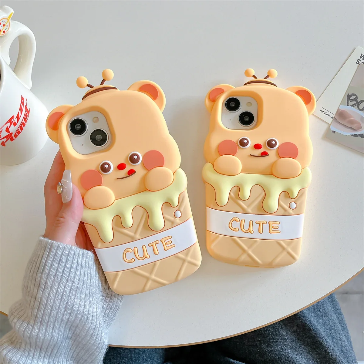 3D Butter Bear Ice Cream Suitable For iPhone16 15 Pro Max 14 Phone Case 13 Silicone 11 12 Pro Protective Case