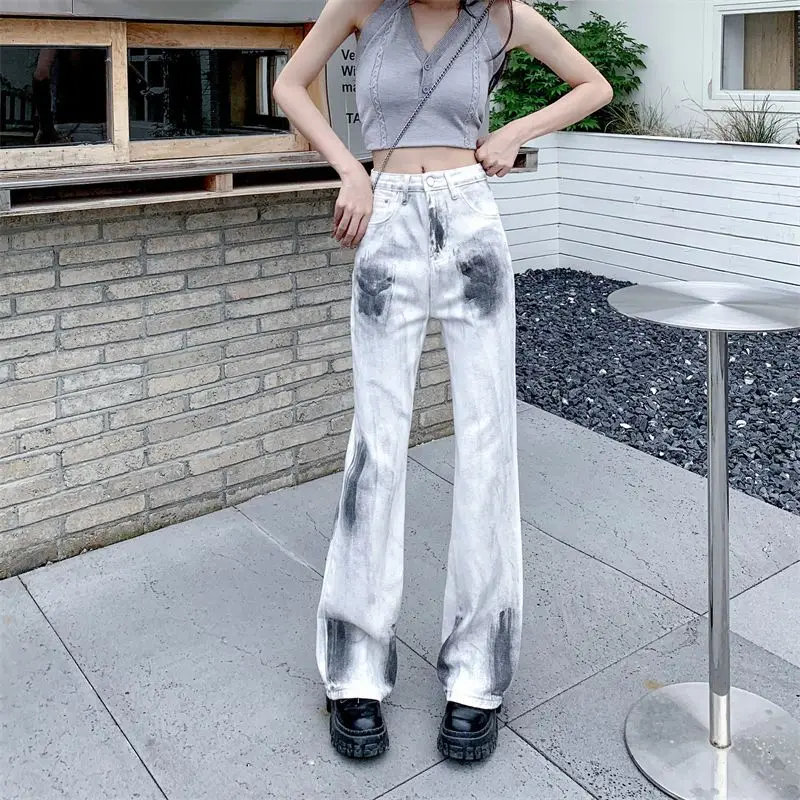 

Spring And Fall Women's Straight Leg Retro Jeans White Tie-Dye Splash-Ink Plus Size High Waist Loose Lady Wide Leg Pants