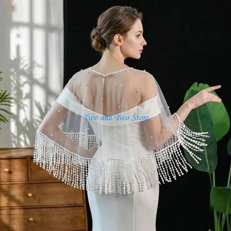 HX6F Bridal Beaded Fringe Tulle Shawl With Sheer Shoulder Coverage