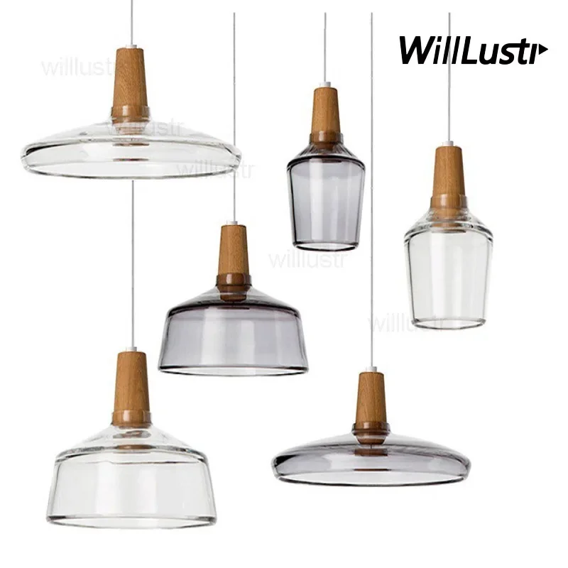 Clear Smoke Amber Glass Pendant Lamp Karat Wood Suspension Light Hotel Cafe Mall Shop Hanging Ceiling Chandelier